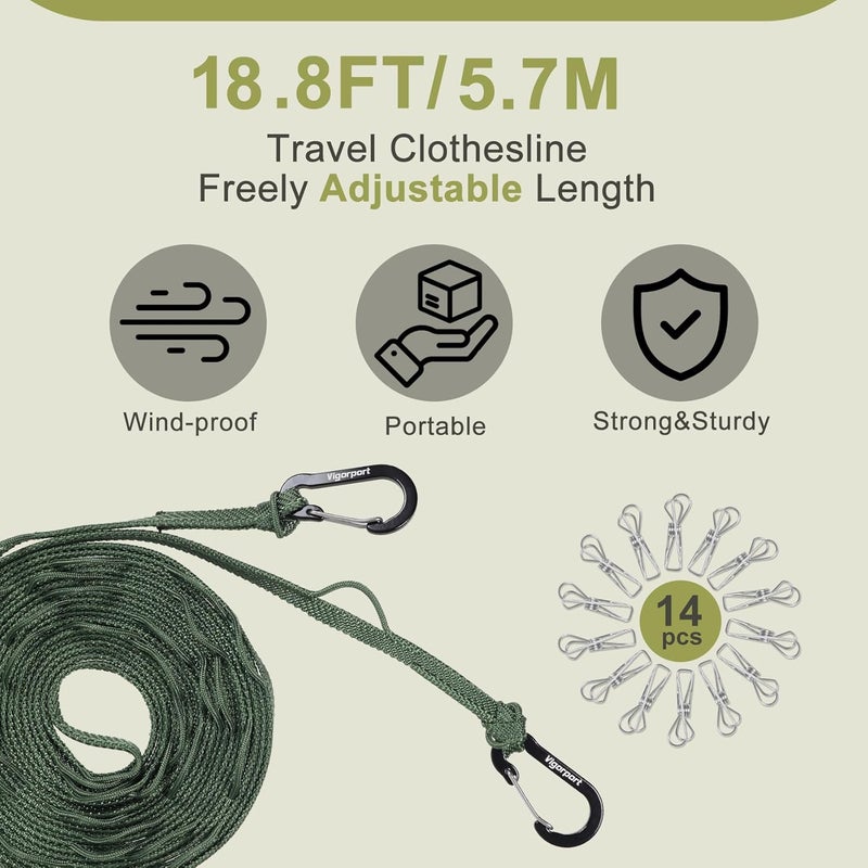 Vigorport Portable Travel Clothesline, Windproof Clothes Line with Hang Hole, Indoor and Outdoor Laundry Line with Clothespins for Hotel, Camping, RV, Cruise Ship (Green, 18.8Ft) - Image 3